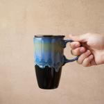 Bosmarlin Ceramic Travel Coffeel Mug with Handle and Lid, 18 oz, Portable Coffee Cup for Car Cup Holder, Microwave and Dishwasher Safe, Reactive Glaze (Blue)