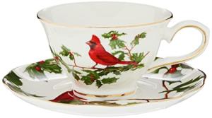 Christmas Cardinal Holly Teacup and Saucer Set