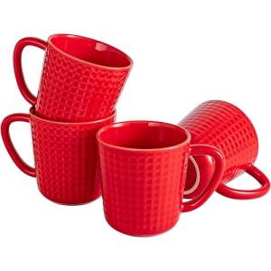 Set of 4 Embossed Red Ceramic Coffee Mugs