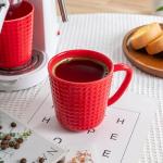 Set of 4 Embossed Red Ceramic Coffee Mugs