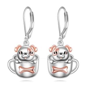 Sterling Silver Bulldog Teacup Dangle Earrings