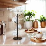 Stylish Metal Mug Tree with Bamboo Base