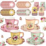 Vintage Floral Paper Tea Cups and Plates Set