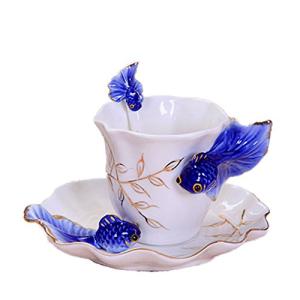 3D Goldfish Ceramic Coffee Mug Set, Dark Blue