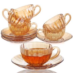 Amber Glass Tea Cups and Saucers Set of 6