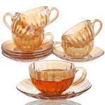 Amber Glass Tea Cups and Saucers Set of 6