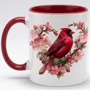 Red Cardinal Ceramic Mug - Floral Bird Design