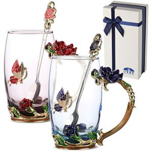 Floral Glass Tea Cups with Spoons - Set of 2