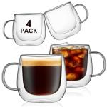 Pludyat 4 Pack Double Walled Glass Coffee Mugs, 16 oz Large Insulated Clear Coffee Cups with Handle, Cappuccino Mug for Espresso, Latte, Americano, Tea Bag, Beverage, Heat & Cold Resistant