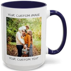 Personalized Coffee Mug – Custom Photo, Text, or Logo Ceramic Mug Tea Cup | Taza Personalizada with Picture or Message | Customized Gift Idea for Men & Women, Mom, Dad, Friends - White/Blue | 15oz