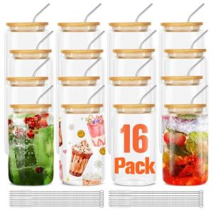 ASKIZ 16Pcs Glass Cups With Bamboo Lids and Straws,16Oz Ice Coffee Cup,Drinking Glasses Cups Set,Water Bottles Glasses for Juicing,Beer,Coffee,Soda,Tea-Glass Tumbler Reusable for Gifts