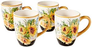 Sunflower Fields Ceramic Mugs, Set of 4 – 18 oz Floral Coffee & Tea Cups with Golden Handles – Great for Brightening Mornings, Hosting Guests, or Gifting Joy