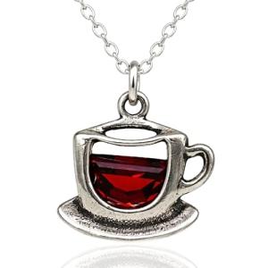 Coffee Cup Teacup Charm Necklace for Women, Sterling Silver Dainty Handmade Necklace with Red Cubic Zirconia CZ, Coffee Lover Barista Caffeine Pendant, Everyday Minimal Layering Jewelry, 18"