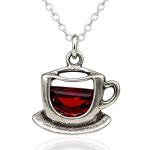 Coffee Cup Teacup Charm Necklace for Women, Sterling Silver Dainty Handmade Necklace with Red Cubic Zirconia CZ, Coffee Lover Barista Caffeine Pendant, Everyday Minimal Layering Jewelry, 18"
