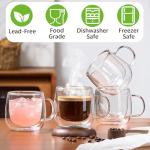 Pludyat 4 Pack Double Walled Glass Coffee Mugs, 16 oz Large Insulated Clear Coffee Cups with Handle, Cappuccino Mug for Espresso, Latte, Americano, Tea Bag, Beverage, Heat & Cold Resistant