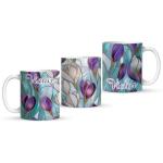 1PCS Elegant Flowers Full Wrap Cup, Custom Name Stained Glass Coffee Mug 11oz 15oz, Personalized Stained Glass Lovers Ceramic Mug, Nature Inspired White Cup, Gifts for Girl Women