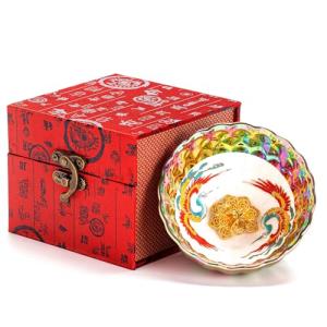 HOHCNA Colorful Tenmokus Tea Cup with Double Crane Pattern, 5 oz Chinese Ceramic Gongfu Tea Cup with Gold Peacock Inlay for Home Decor & Collection, Ideal Gift for Women & Tea Lovers