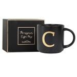 COLLECTIVE HOME - Monogram Ceramic Mugs, 15 oz Golden Initial Black Coffee Cups, Elegant Alphabet Tea Mugs, Elegant Personalized Mug with Gift Box, Unique Mug with Double Side Capital Lette (C)