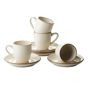 famiware Jupiter Espresso Cups and Saucers Set of 4, 3 oz Ceramic Small Coffee Mug with Handle, Spiral Stoneware Demitasse Cup for Tea, Latte, Cafe - Microwave & Dishwasher Safe, Vanilla White