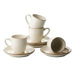 famiware Jupiter Espresso Cups and Saucers Set of 4, 3 oz Ceramic Small Coffee Mug with Handle, Spiral Stoneware Demitasse Cup for Tea, Latte, Cafe - Microwave & Dishwasher Safe, Vanilla White