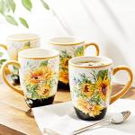 Sunflower Fields Ceramic Mugs, Set of 4 – 18 oz Floral Coffee & Tea Cups with Golden Handles – Great for Brightening Mornings, Hosting Guests, or Gifting Joy