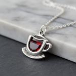 Coffee Cup Teacup Charm Necklace for Women, Sterling Silver Dainty Handmade Necklace with Red Cubic Zirconia CZ, Coffee Lover Barista Caffeine Pendant, Everyday Minimal Layering Jewelry, 18"