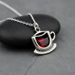 Coffee Cup Teacup Charm Necklace for Women, Sterling Silver Dainty Handmade Necklace with Red Cubic Zirconia CZ, Coffee Lover Barista Caffeine Pendant, Everyday Minimal Layering Jewelry, 18"