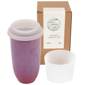 NOVA CERAMICS Coffee Travel Mug – Cup Holder Friendly Travel Mug– Microwave & Dishwasher Safe White & Purple Tumbler - Coffee Mug Fits In Cup Holder – 16oz – Astral Bloom