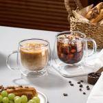 Pludyat 4 Pack Double Walled Glass Coffee Mugs, 16 oz Large Insulated Clear Coffee Cups with Handle, Cappuccino Mug for Espresso, Latte, Americano, Tea Bag, Beverage, Heat & Cold Resistant