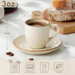 famiware Jupiter Espresso Cups and Saucers Set of 4, 3 oz Ceramic Small Coffee Mug with Handle, Spiral Stoneware Demitasse Cup for Tea, Latte, Cafe - Microwave & Dishwasher Safe, Vanilla White