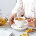 QEETOOHH Tea Cup and Saucer Set for 1, Coffee Cup with Saucer and Spoon, Espresso Latte Cup for Women Gift, Dishwasher Safe, 6.8 Oz