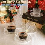 GURUDAR Glass Espresso Shot Cups with Saucers Set of 6, Clear Small Demitasse Cup with Stainless Steel Spoons, Dishwasher Safe Coffee Mugs for Tea Hot Chocolate Cappuccino, 5OZ/150ML, Raindrop