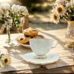 QEETOOHH Tea Cup and Saucer Set for 1, Coffee Cup with Saucer and Spoon, Espresso Latte Cup for Women Gift, Dishwasher Safe, 6.8 Oz