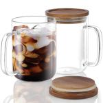 DRASTAR Glass Coffee Cups,12 oz Clear Coffee Mugs with Acacia Wood Lid,Flat Bottomed Coffee Mug with Handles,Tea Cup Set of 2