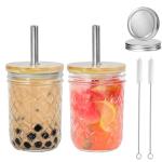 Icesip Reusable Tea Cups, 2Pcs 16oz Glass Mason Cup with Bamboo Lids, Wide Mouth Mason Jars for Iced Coffee, Smoothies, Tea, Juice, Milkshake