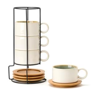 LUKA 6 Ounce Porcelain Stackable Espresso Cups with Saucers and Metal Stand Set of 4, Ceramic Cappuccino Cups Set for Specialty Coffee Drinks, Latte, Cafe Mocha and Tea, White Green Interior