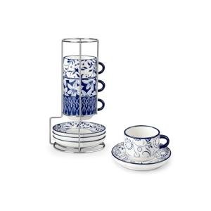 vancasso 2.5OZ Espresso Cups Set of 4, Porcelain Stackable Cappuccino Cups, Demitasse Coffee Cups and Saucers Set with Metal Stand for Specialty Drinks, Series SELENE (Vintage Blue, 2.5 Ounce)