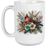 Beautiful Cardinal Bird Art Mug, Nature Inspired Coffee Cup with Floral Design, Unique for Bird Lovers, 11oz Ceramic Mug - White Ceramic Mug