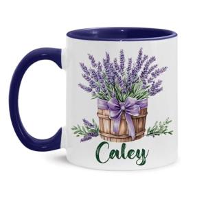 Elegant Lavender In Box Coffee Mug, Custom Name Nature Inspired Cup 11oz 15oz, Botanical Ceramic Mug, Personalized Flower Themed Accent Cup, Gifts For Lavender Lovers