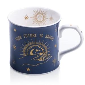 Blue Celestial Coffee Mug, "Your Future is Bright" Inspirational Theme Ceramic Mug, 12 oz New Bone China Mug with Tarot Symbols of Sun, Moon & Stars, Designed in England by Harvest Green Studio