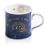 Blue Celestial Coffee Mug, "Your Future is Bright" Inspirational Theme Ceramic Mug, 12 oz New Bone China Mug with Tarot Symbols of Sun, Moon & Stars, Designed in England by Harvest Green Studio