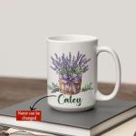 Elegant Lavender In Box Coffee Mug, Custom Name Nature Inspired Cup 11oz 15oz, Botanical Ceramic Mug, Personalized Flower Themed Accent Cup, Gifts For Lavender Lovers