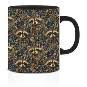 BUJSP William Morris Raccoon Floral Mug,Raccoon Gifts for Women Men，Dark Floral Botanical Animal Coffee Cups Ceramic,Animal Coffee Tea Mug 11oz
