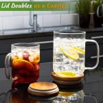 DRASTAR Glass Coffee Cups,12 oz Clear Coffee Mugs with Acacia Wood Lid,Flat Bottomed Coffee Mug with Handles,Tea Cup Set of 2