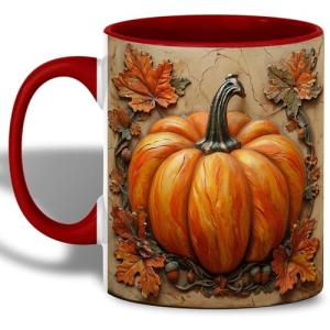 Rustic Pumpkin With Autumn Leaves Design Coffee Mug, Fall Harvest Mug For Thanksgiving Party And Everyday Drinkware, Oak Leaves Acorns And Farmhouse Style Illustration On Beige Background (Red)