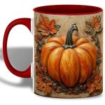 Rustic Pumpkin With Autumn Leaves Design Coffee Mug, Fall Harvest Mug For Thanksgiving Party And Everyday Drinkware, Oak Leaves Acorns And Farmhouse Style Illustration On Beige Background (Red)