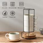 LUKA 6 Ounce Porcelain Stackable Espresso Cups with Saucers and Metal Stand Set of 4, Ceramic Cappuccino Cups Set for Specialty Coffee Drinks, Latte, Cafe Mocha and Tea, White Green Interior