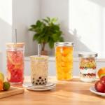 Icesip Reusable Tea Cups, 2Pcs 16oz Glass Mason Cup with Bamboo Lids, Wide Mouth Mason Jars for Iced Coffee, Smoothies, Tea, Juice, Milkshake