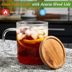 DRASTAR Glass Coffee Cups,12 oz Clear Coffee Mugs with Acacia Wood Lid,Flat Bottomed Coffee Mug with Handles,Tea Cup Set of 2