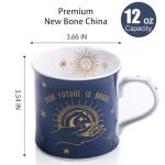 Blue Celestial Coffee Mug, "Your Future is Bright" Inspirational Theme Ceramic Mug, 12 oz New Bone China Mug with Tarot Symbols of Sun, Moon & Stars, Designed in England by Harvest Green Studio